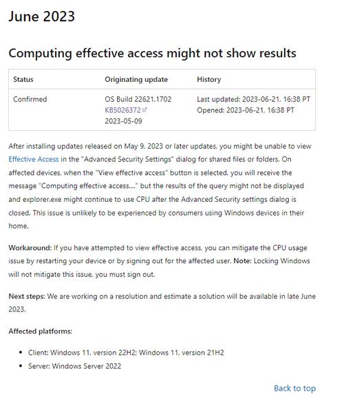微软承认 KB5026372 会导致 Windows 11 文件资源管理器 CPU 占用率异常，临时解决方法是重启